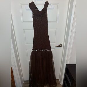 Fashion Nova Brown Crochet Bodice Tulle Skirt Maxi Dress